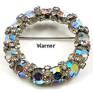 Vintage Warner AB Rhinestone Wreath Brooch, Rhodium Plated, 1960s, 1 1/2 Inches